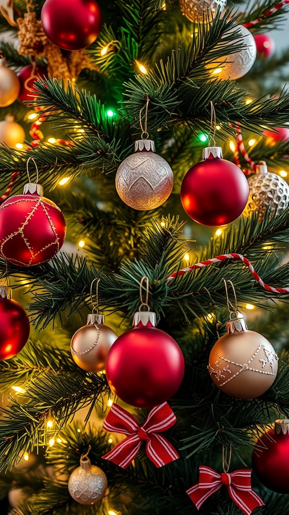 Close-Up of a Christmas Tree Background Close-up of a decorated Christmas tree with colorful ornaments and lights.